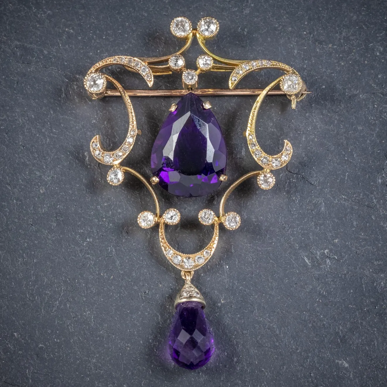 Antique Edwardian Diamond Amethyst Brooch 18Ct Gold Circa 1910