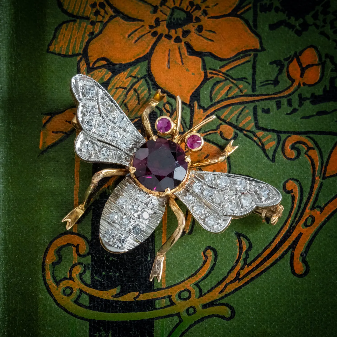 Antique Edwardian French Bee Brooch Diamond Garnet Ruby