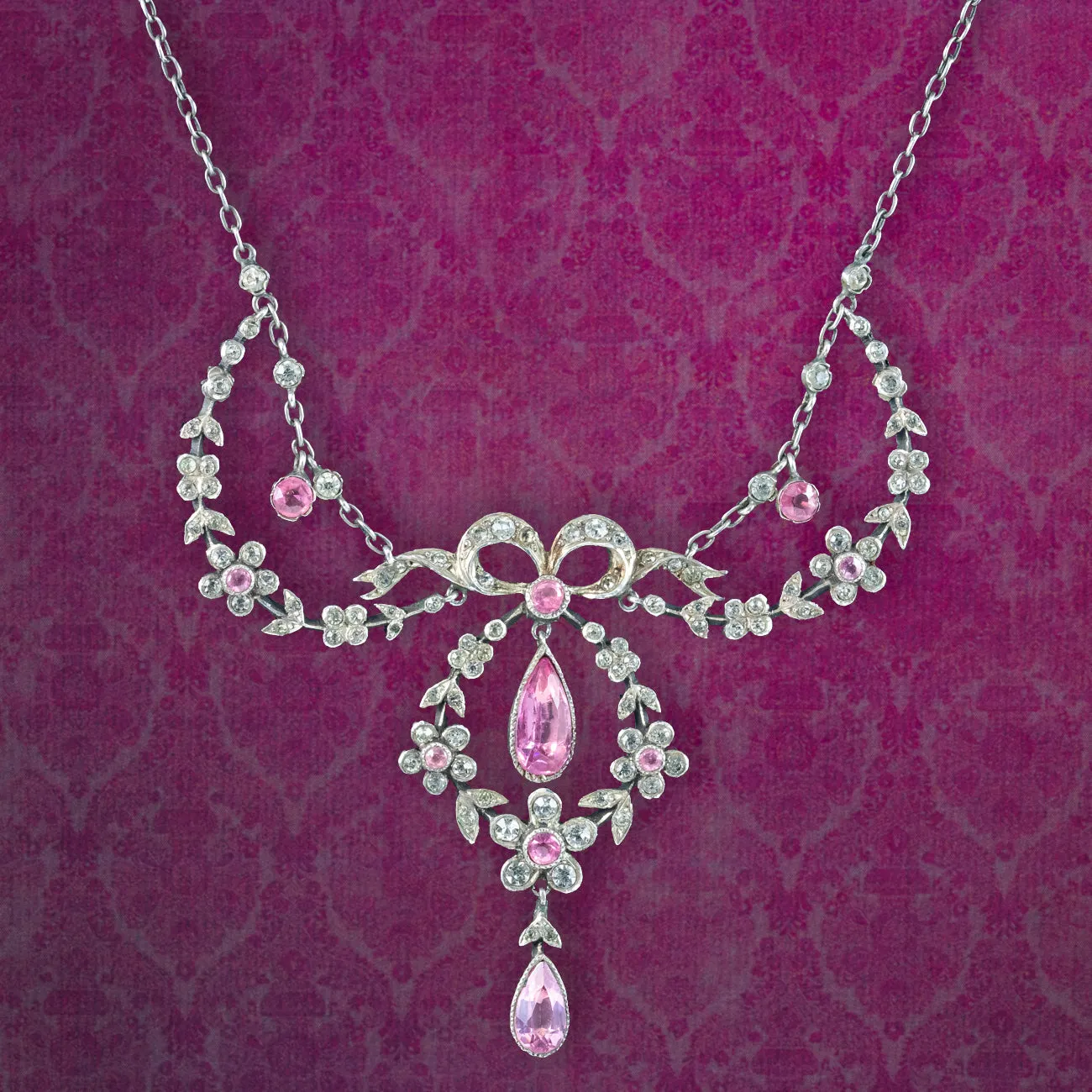 Antique Edwardian French Pink Paste Floral Lavaliere Necklace Silver