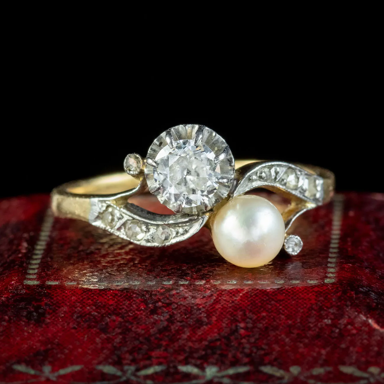 Antique Edwardian French Toi Et Moi Diamond Pearl Twist Ring