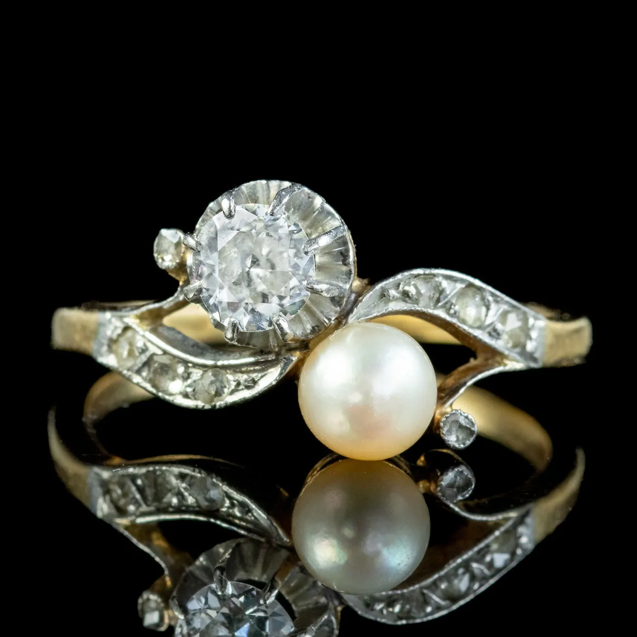 Antique Edwardian French Toi Et Moi Diamond Pearl Twist Ring