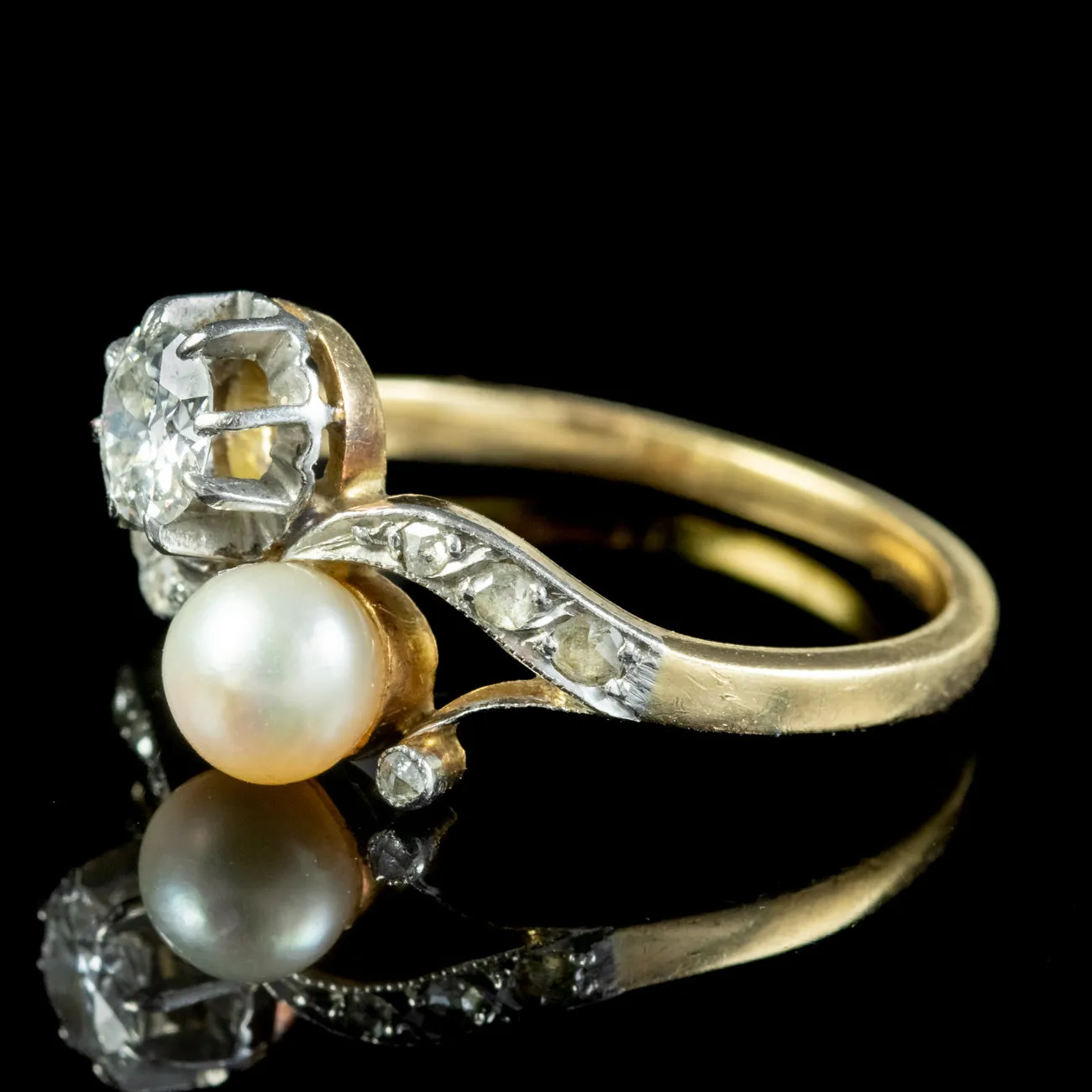 Antique Edwardian French Toi Et Moi Diamond Pearl Twist Ring