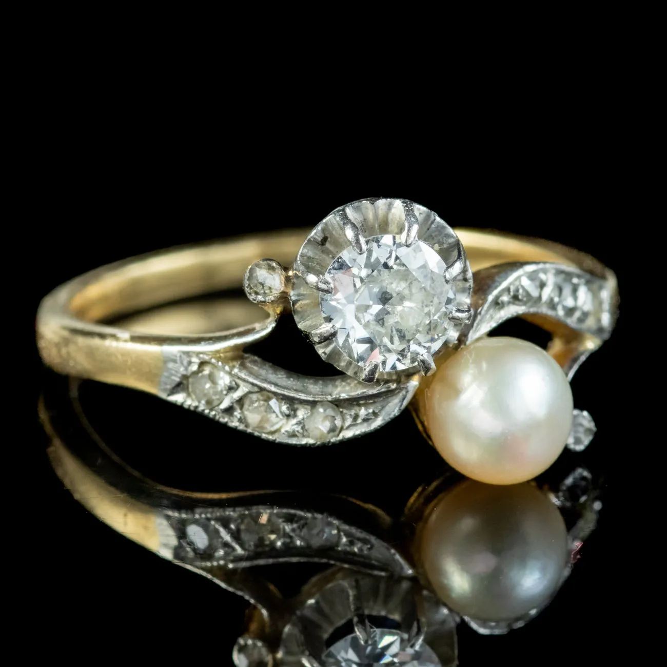 Antique Edwardian French Toi Et Moi Diamond Pearl Twist Ring