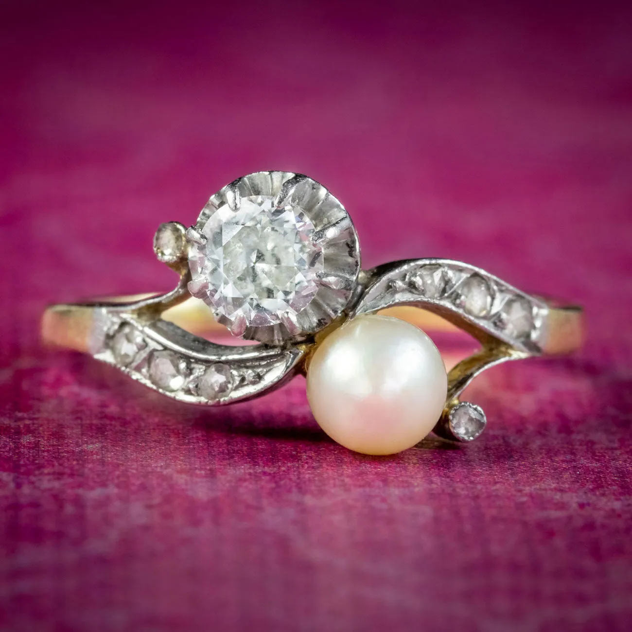 Antique Edwardian French Toi Et Moi Diamond Pearl Twist Ring