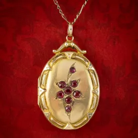 Antique Edwardian Garnet Leaf Locket Necklace 9ct Gold Dated 1914