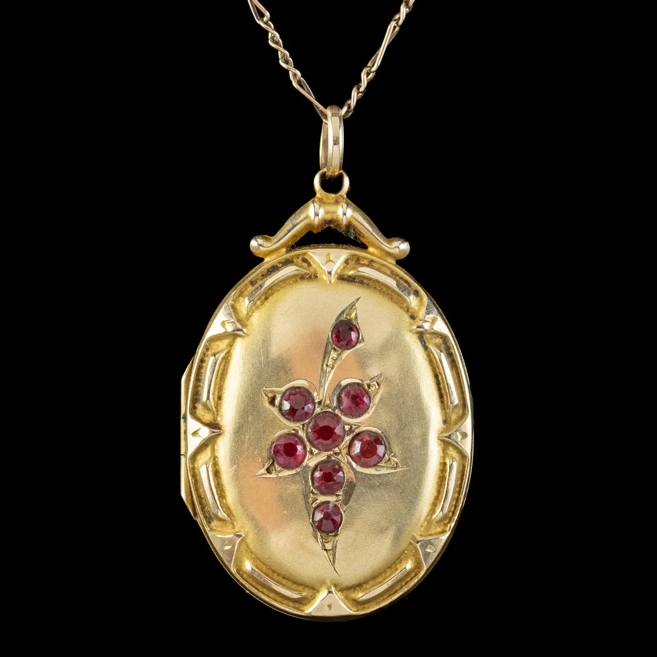 Antique Edwardian Garnet Leaf Locket Necklace 9ct Gold Dated 1914