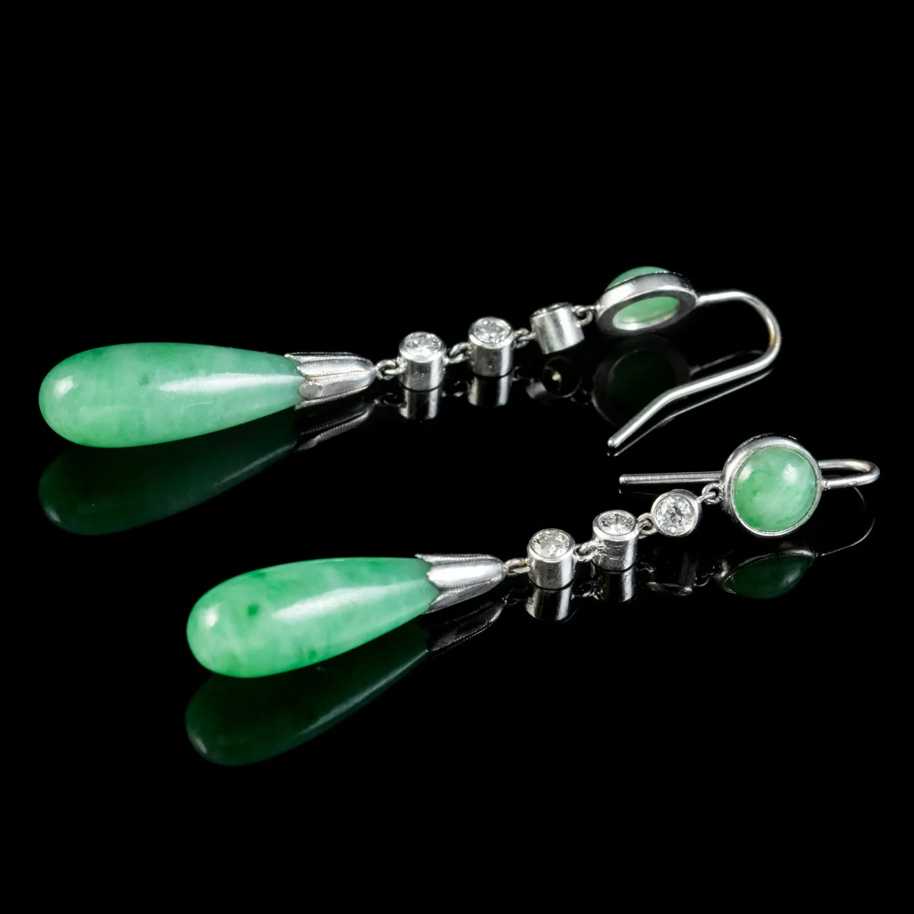 Antique Edwardian Jade Diamond Drop Earrings Platinum Circa 1915