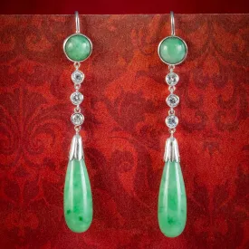 Antique Edwardian Jade Diamond Drop Earrings Platinum Circa 1915