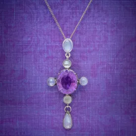 Antique Edwardian Moonstone Amethyst Pendant Necklace Silver Circa 1910