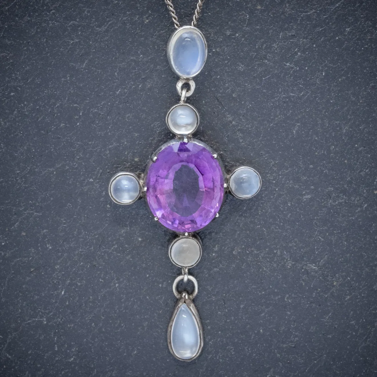 Antique Edwardian Moonstone Amethyst Pendant Necklace Silver Circa 1910