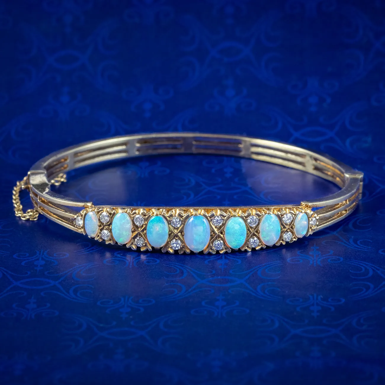 Antique Edwardian Opal Diamond Bangle 18ct Gold 3ct Of Opal