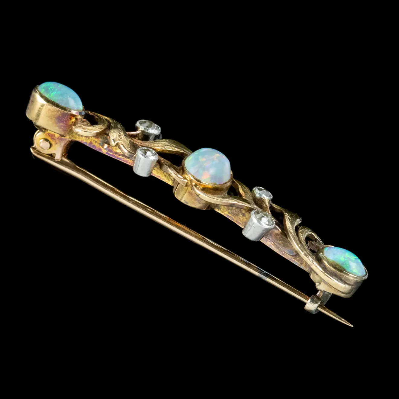 Antique Edwardian Opal Diamond Brooch 15ct Gold Boxed Circa 1905