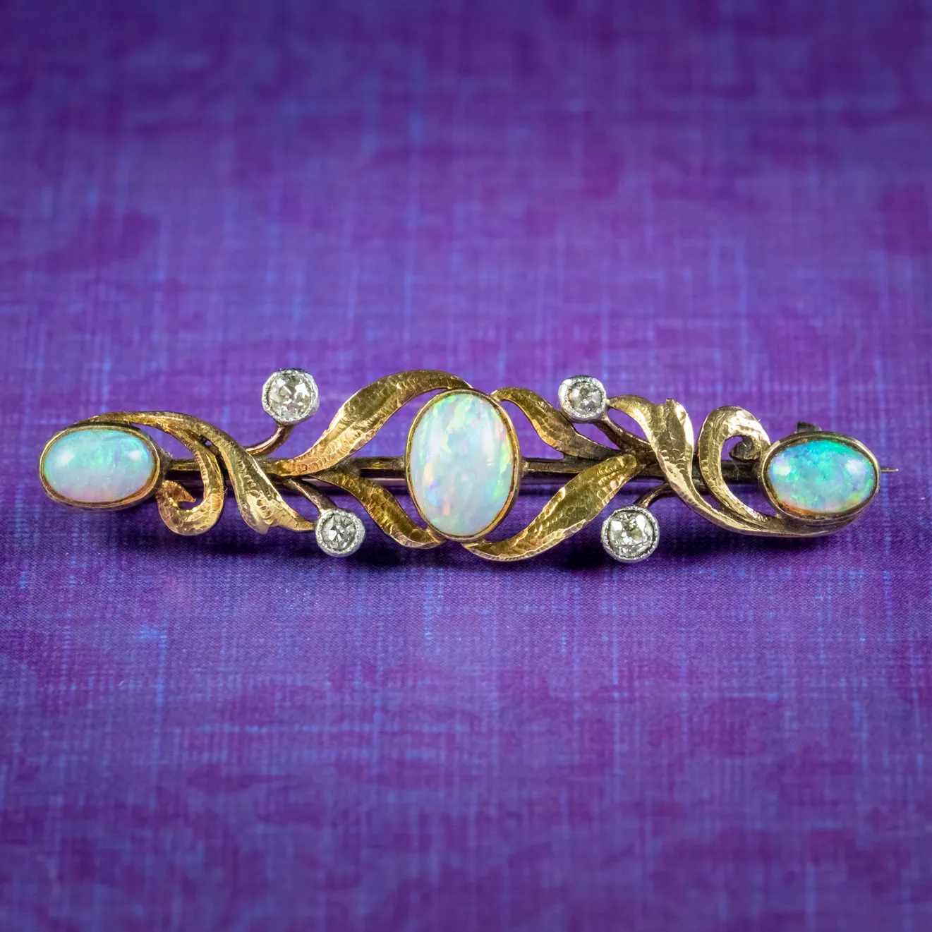 Antique Edwardian Opal Diamond Brooch 15ct Gold Boxed Circa 1905