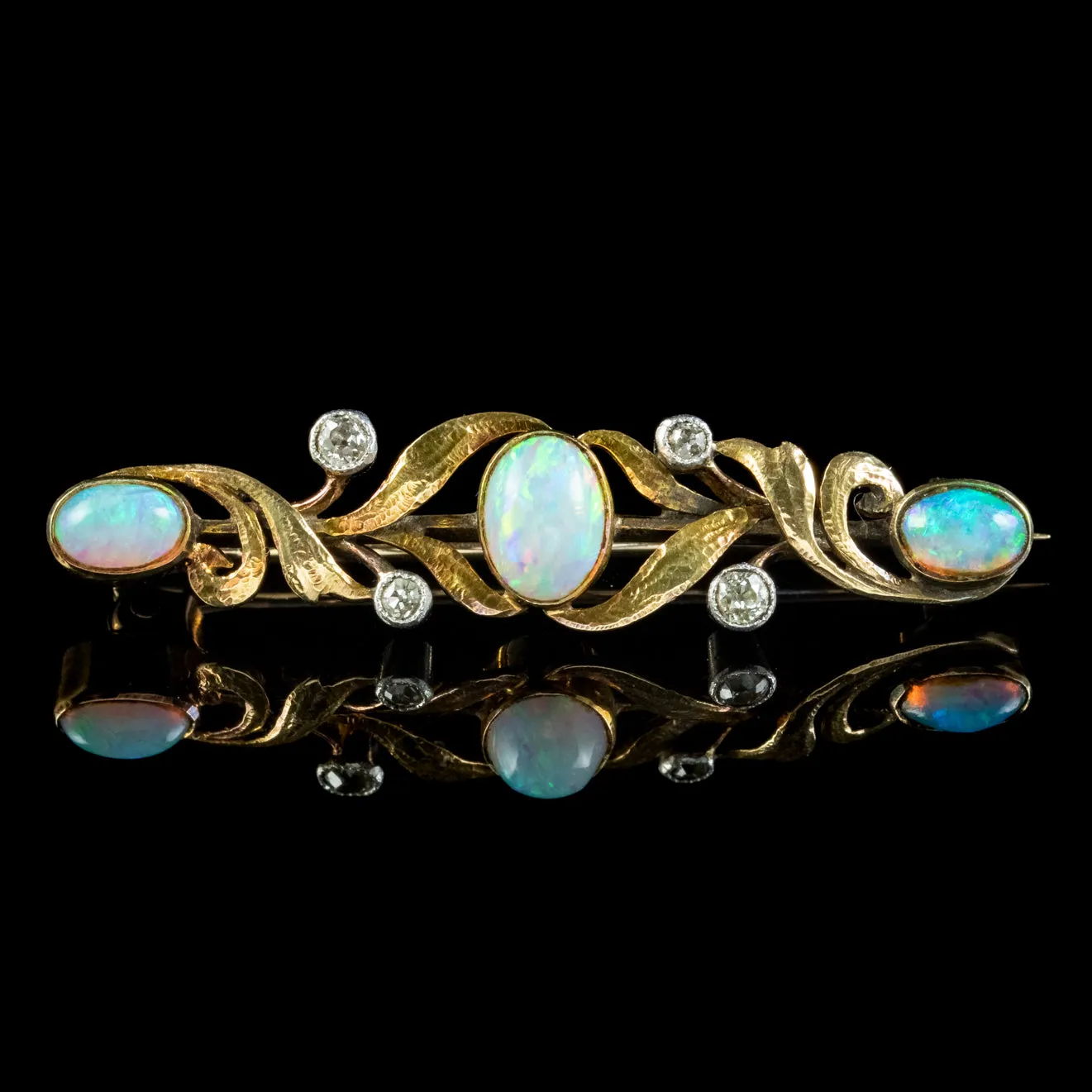 Antique Edwardian Opal Diamond Brooch 15ct Gold Boxed Circa 1905