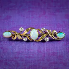 Antique Edwardian Opal Diamond Brooch 15ct Gold Boxed Circa 1905