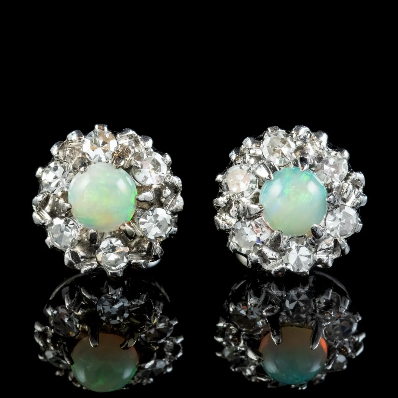 Antique Edwardian Opal Diamond Cluster Stud Earrings 9ct Gold 0.30ct Opals 0.60ct Of Diamond