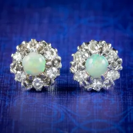 Antique Edwardian Opal Diamond Cluster Stud Earrings 9ct Gold 0.30ct Opals 0.60ct Of Diamond