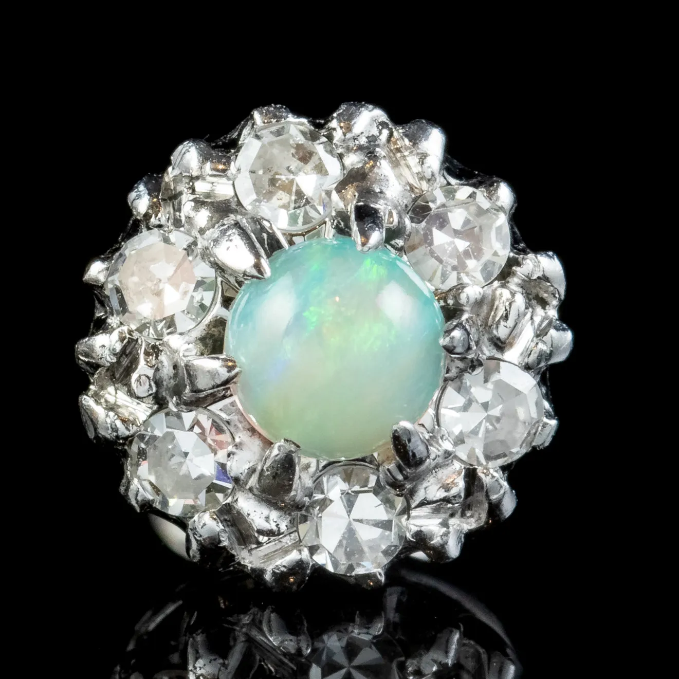 Antique Edwardian Opal Diamond Cluster Stud Earrings 9ct Gold 0.30ct Opals 0.60ct Of Diamond