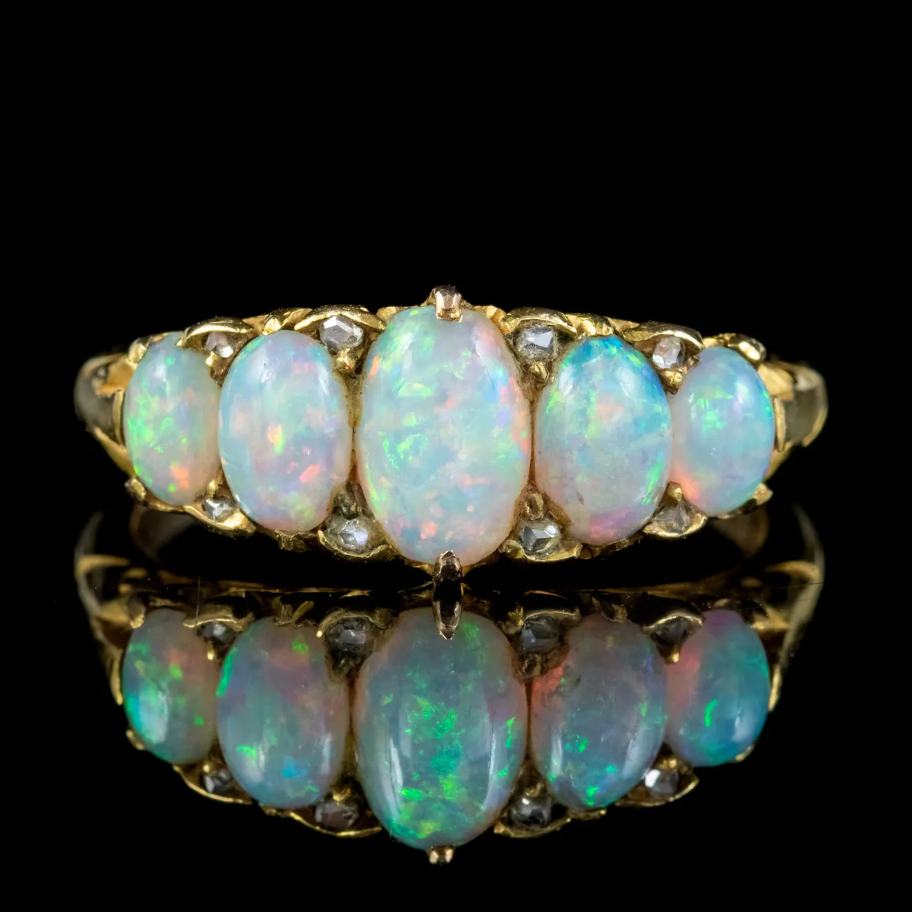 Antique Edwardian Opal Diamond Five Stone Ring 18Ct Gold Dated 1902