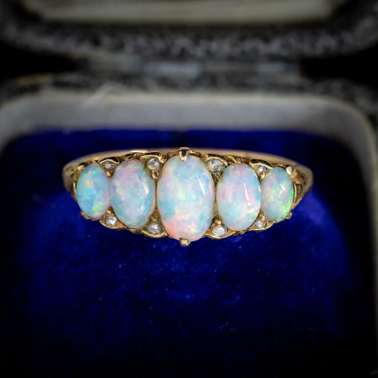 Antique Edwardian Opal Diamond Five Stone Ring 18Ct Gold Dated 1902