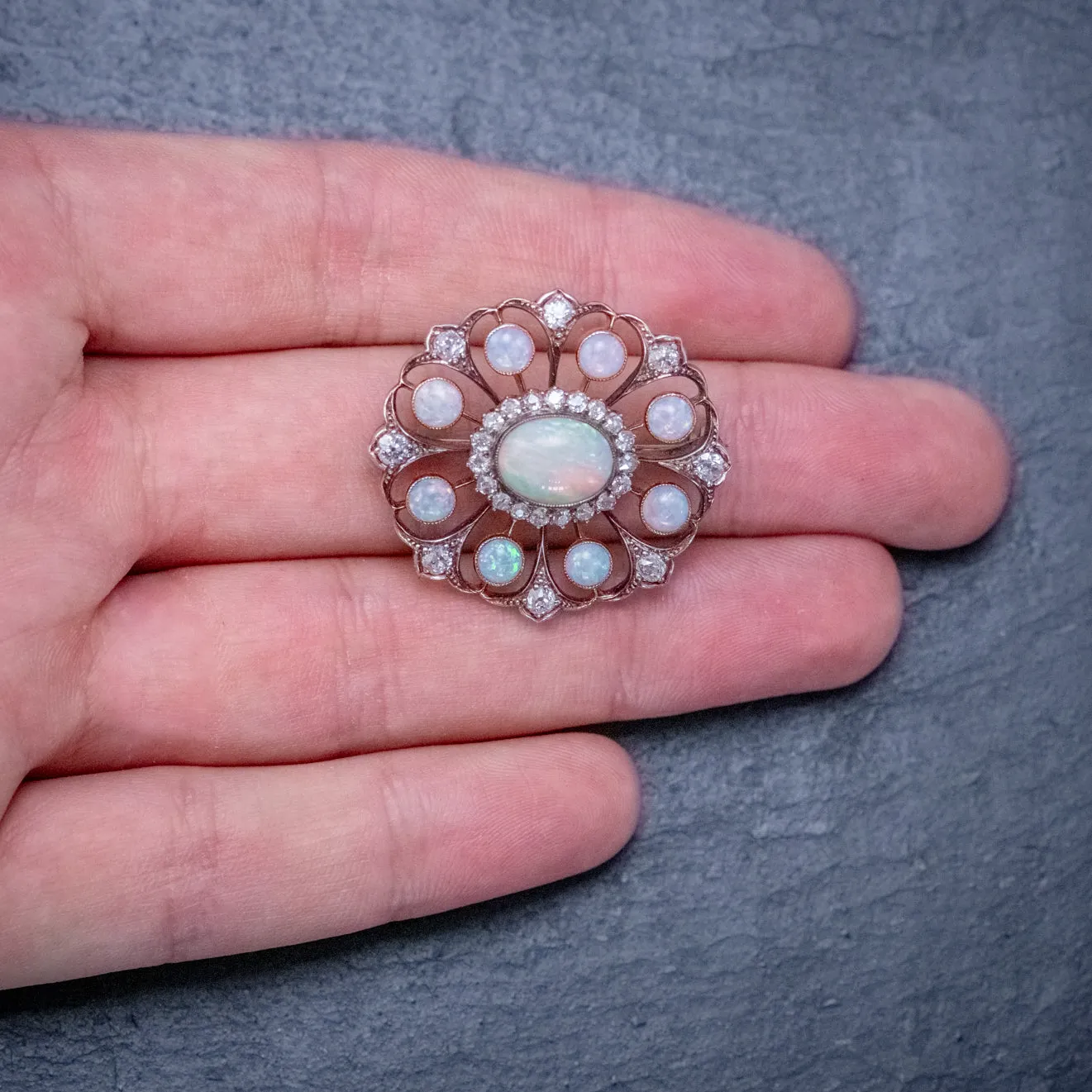 Antique Edwardian Opal Diamond Flower Brooch 5.1ct Of Opal