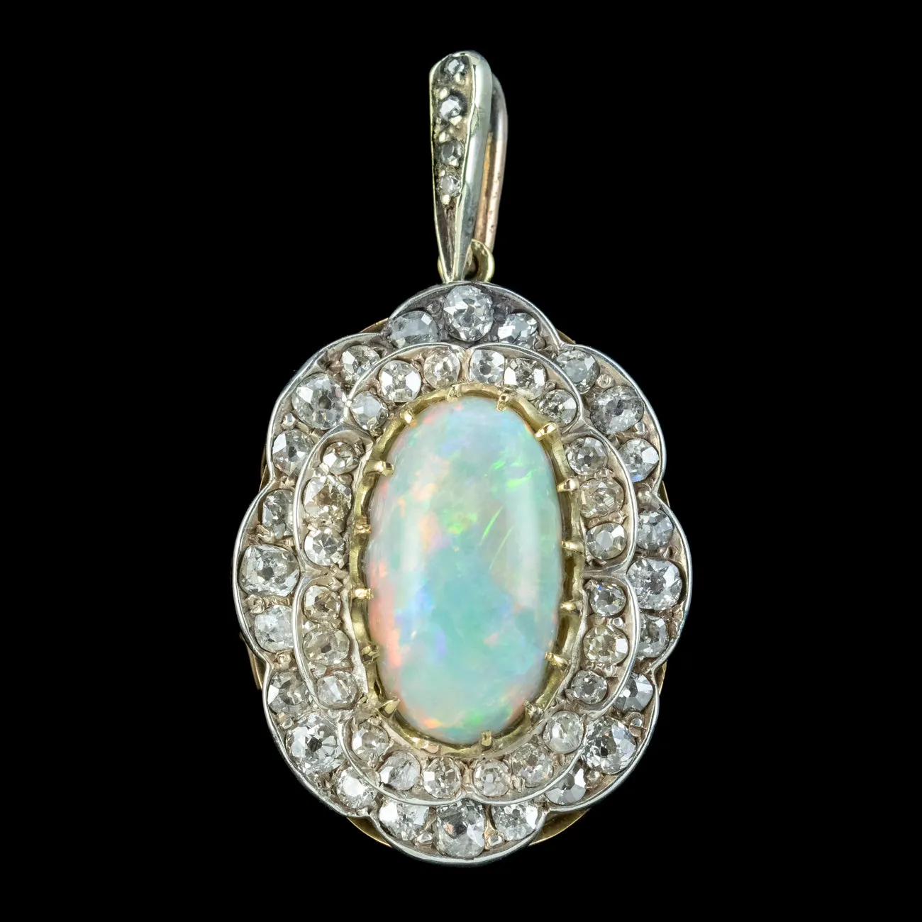 Antique Edwardian Opal Diamond Flower Pendant 6ct Opal