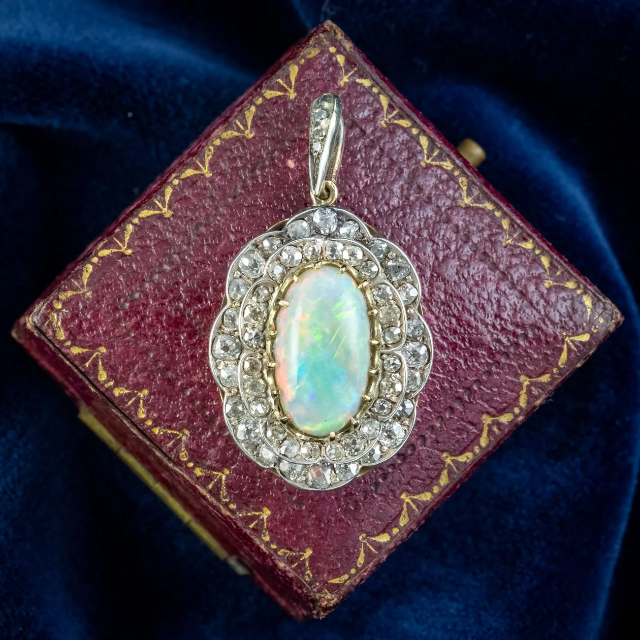 Antique Edwardian Opal Diamond Flower Pendant 6ct Opal