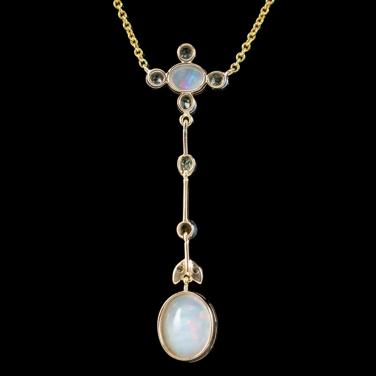 Antique Edwardian Opal Diamond Pendant Necklace 18ct Gold