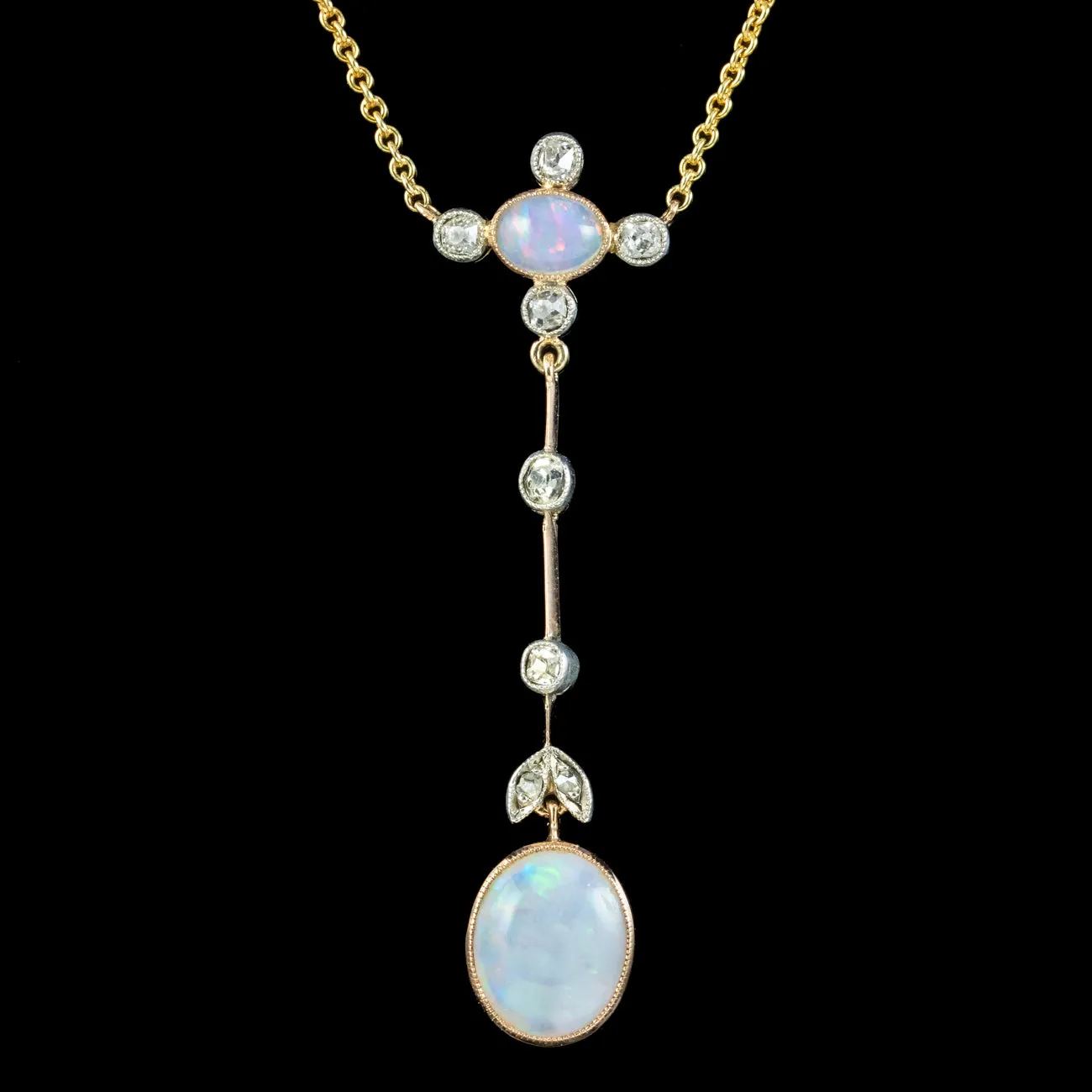 Antique Edwardian Opal Diamond Pendant Necklace 18ct Gold