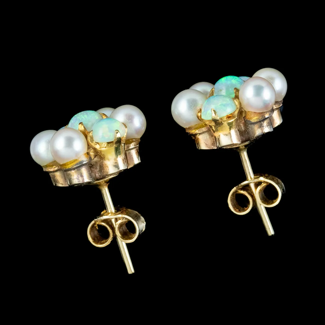 Antique Edwardian Opal Pearl Cluster Stud Earrings 9ct Gold