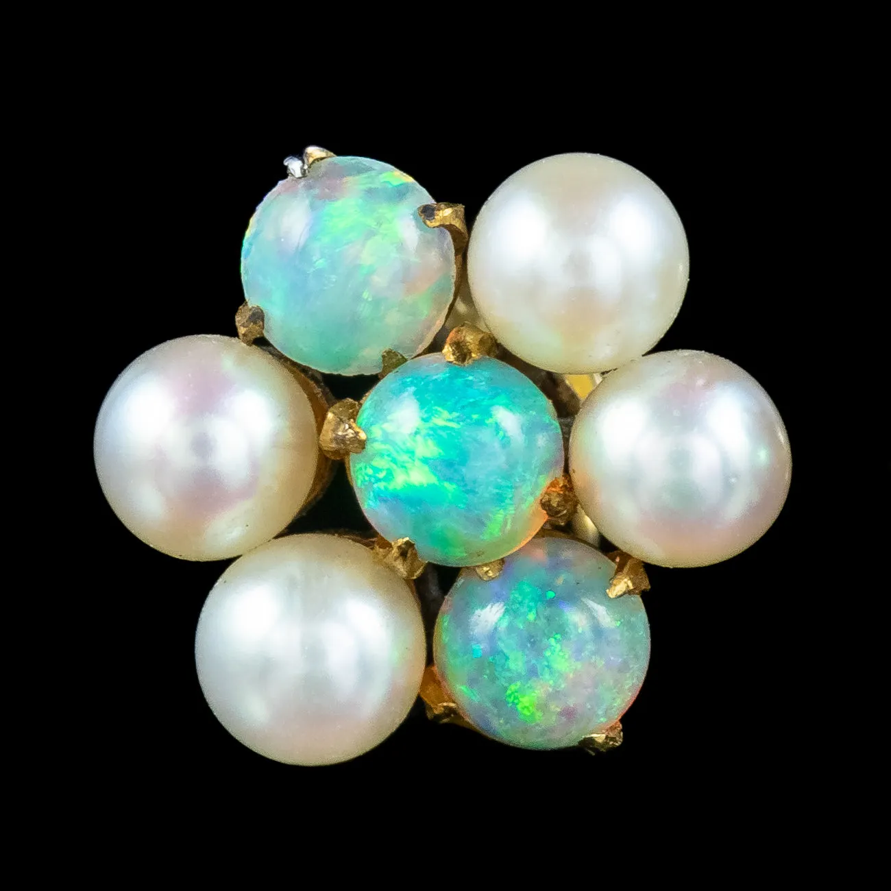 Antique Edwardian Opal Pearl Cluster Stud Earrings 9ct Gold