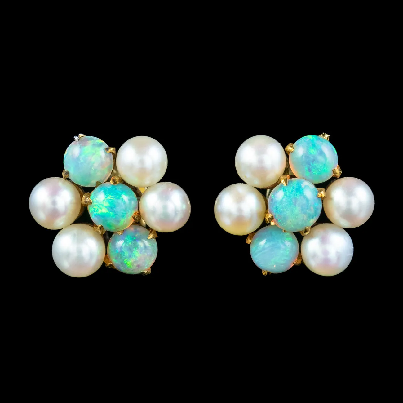 Antique Edwardian Opal Pearl Cluster Stud Earrings 9ct Gold