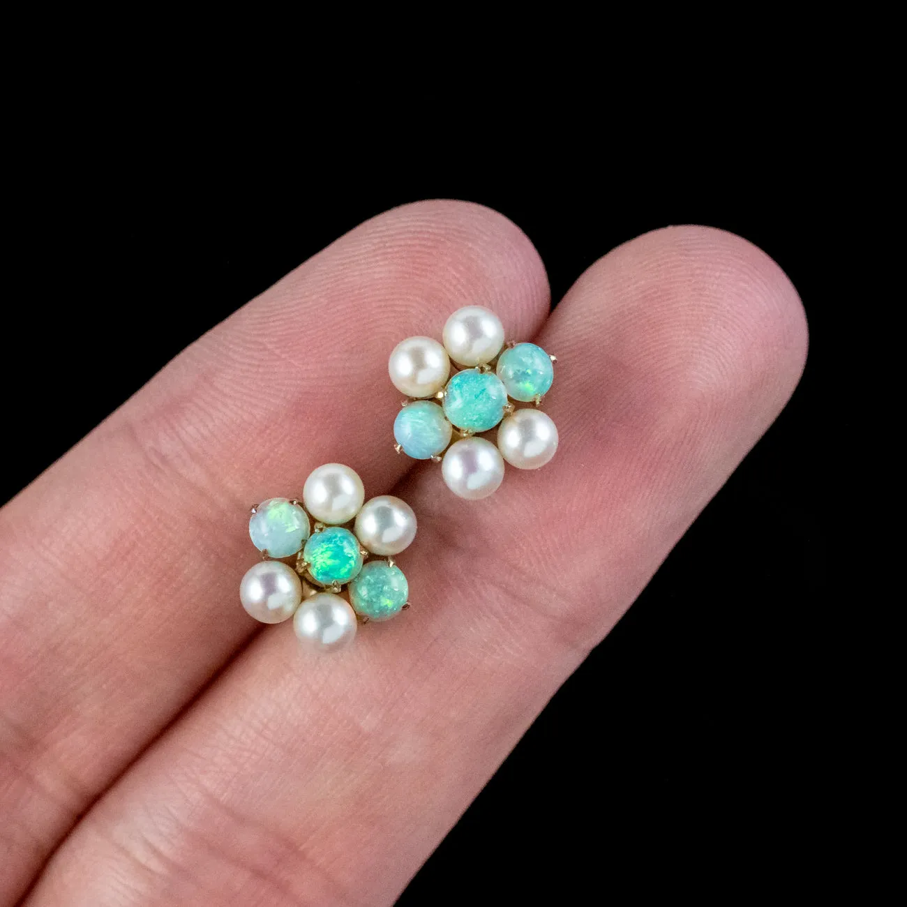 Antique Edwardian Opal Pearl Cluster Stud Earrings 9ct Gold