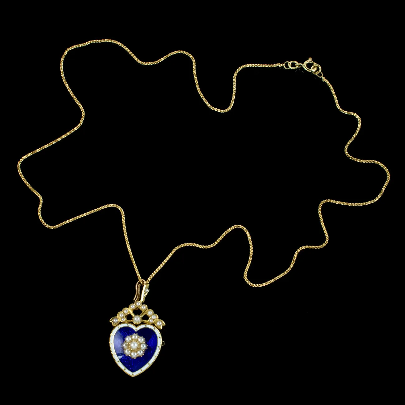 Antique Edwardian Pearl Heart Pendant Necklace 18ct Gold Blue Enamel