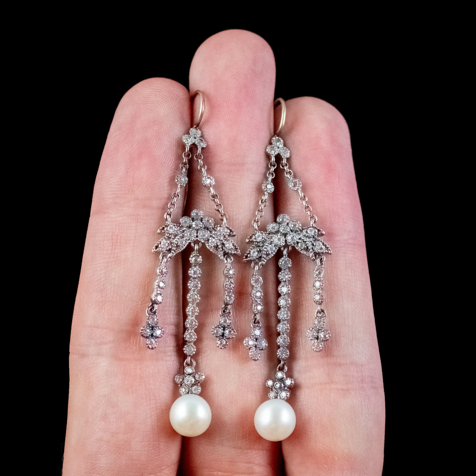 Antique Edwardian Pearl Paste Chandelier Earrings Silver Circa 1915