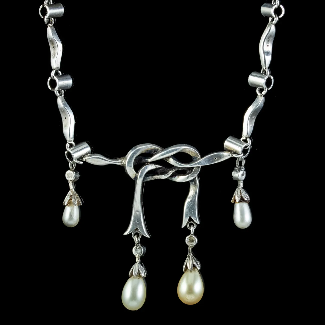 Antique Edwardian Pearl Paste Love Knot Lavaliere Necklace Silver Circa 1905