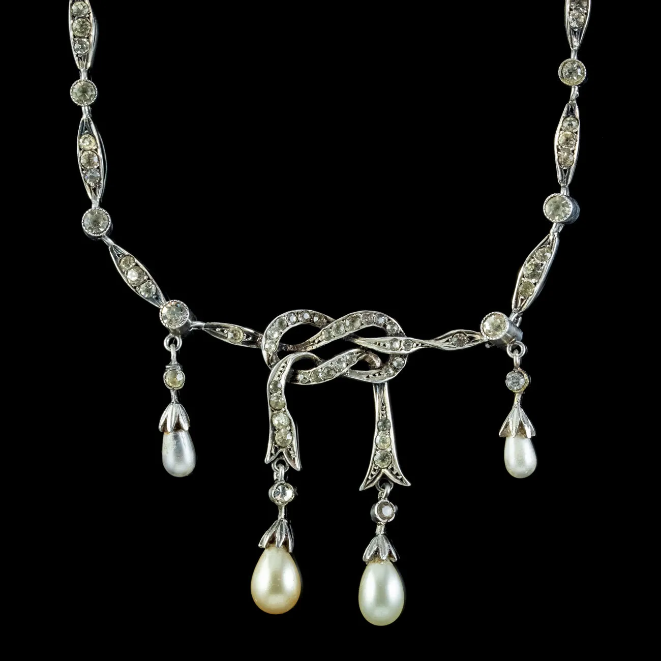 Antique Edwardian Pearl Paste Love Knot Lavaliere Necklace Silver Circa 1905