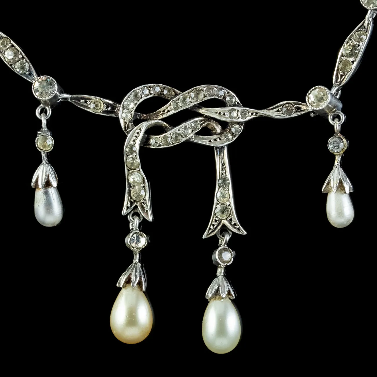 Antique Edwardian Pearl Paste Love Knot Lavaliere Necklace Silver Circa 1905