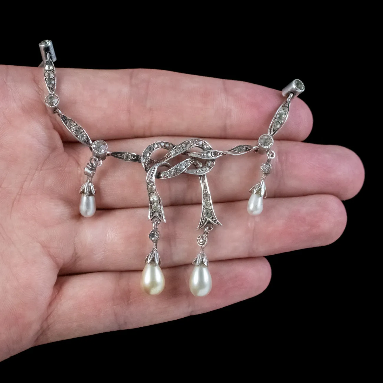 Antique Edwardian Pearl Paste Love Knot Lavaliere Necklace Silver Circa 1905