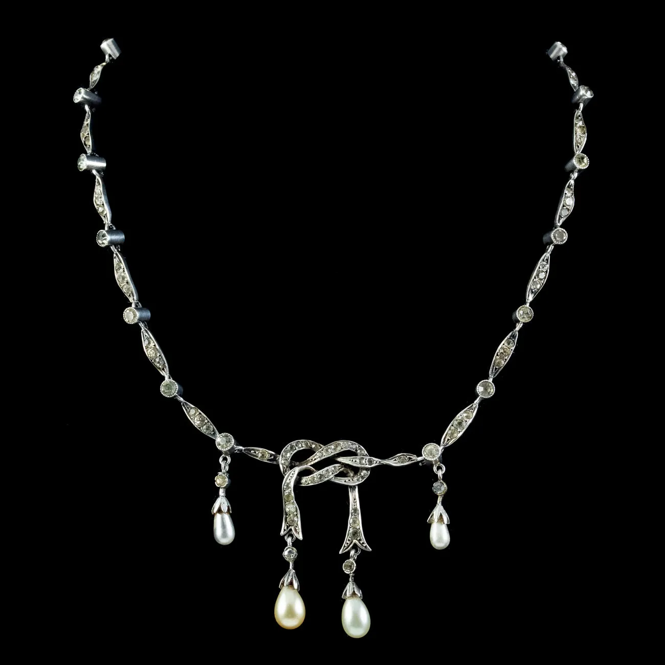 Antique Edwardian Pearl Paste Love Knot Lavaliere Necklace Silver Circa 1905