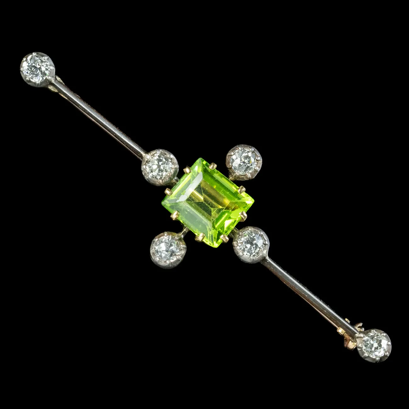 Antique Edwardian Peridot Diamond Bar Brooch 18ct Gold 3.5ct Peridot