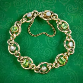 Antique Edwardian Peridot Pearl Curb Bracelet 9ct Gold