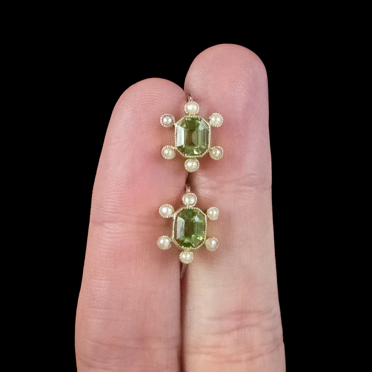 Antique Edwardian Peridot Pearl Earrings 15ct Gold