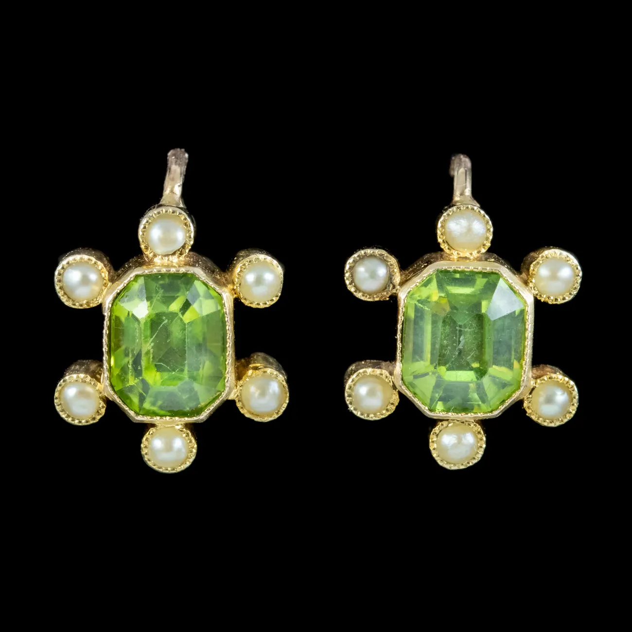 Antique Edwardian Peridot Pearl Earrings 15ct Gold