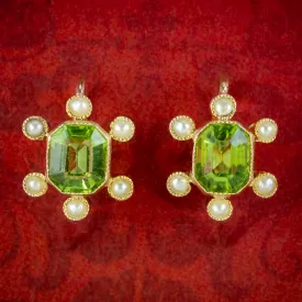 Antique Edwardian Peridot Pearl Earrings 15ct Gold