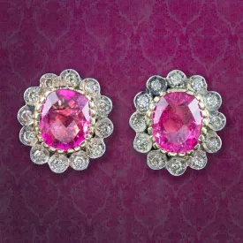 Antique Edwardian Pink Tourmaline Diamond Flower Stud Earrings 18ct Gold