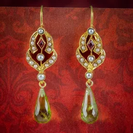 Antique Edwardian Suffragette Drop Earrings Garnet Pearl Peridot 18ct Gold Circa 1910