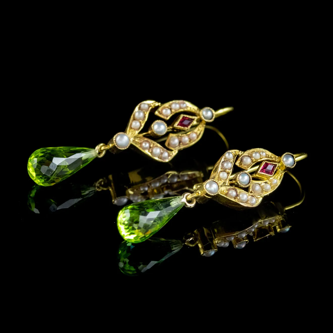 Antique Edwardian Suffragette Drop Earrings Garnet Pearl Peridot 18ct Gold Circa 1910