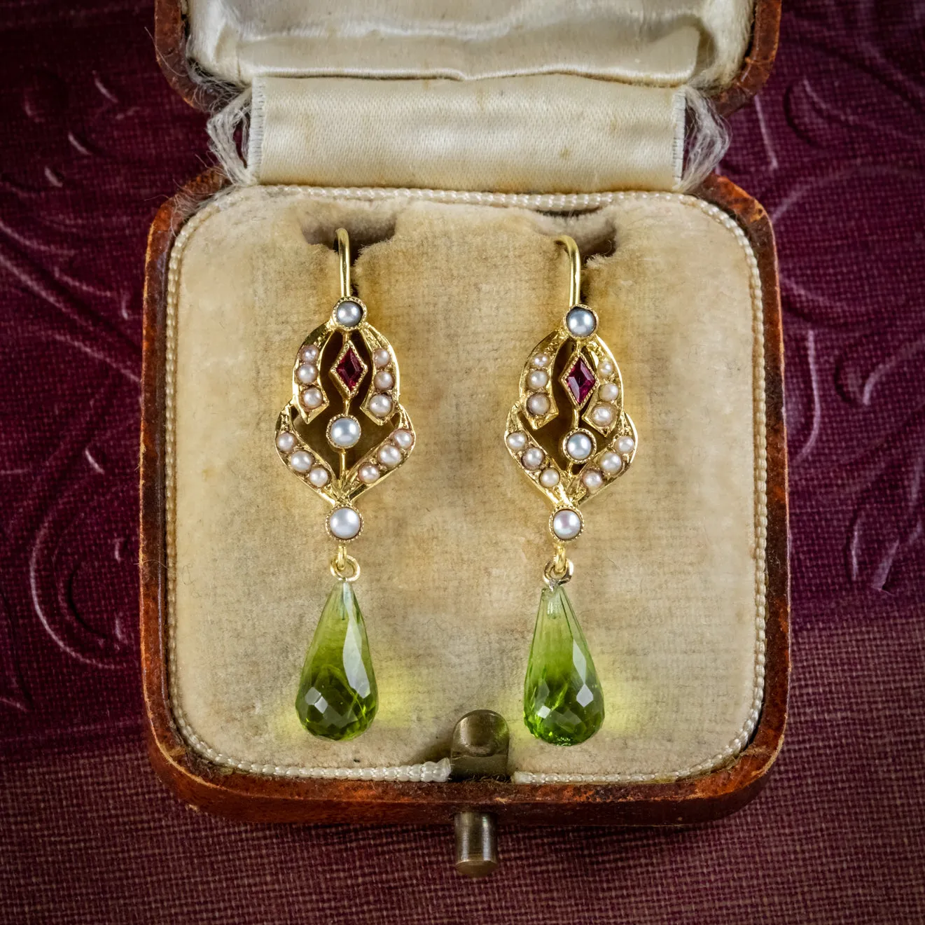 Antique Edwardian Suffragette Drop Earrings Garnet Pearl Peridot 18ct Gold Circa 1910