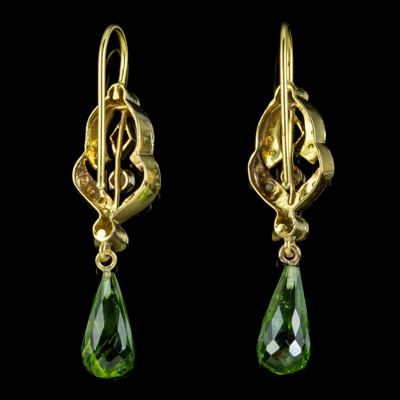 Antique Edwardian Suffragette Drop Earrings Garnet Pearl Peridot 18ct Gold Circa 1910